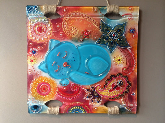Heavenly Kitten Glass Panel Wall Art - Hand-Painted Fused-Glass Panel with Vibrant Colors and Whimsical Patterns, 26 cm