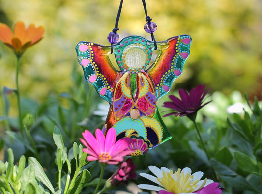 Guardian Angel Glass Wall Art in Green & Pink - Handmade Fused-Glass Decor with Vibrant Colors and Intricate Patterns