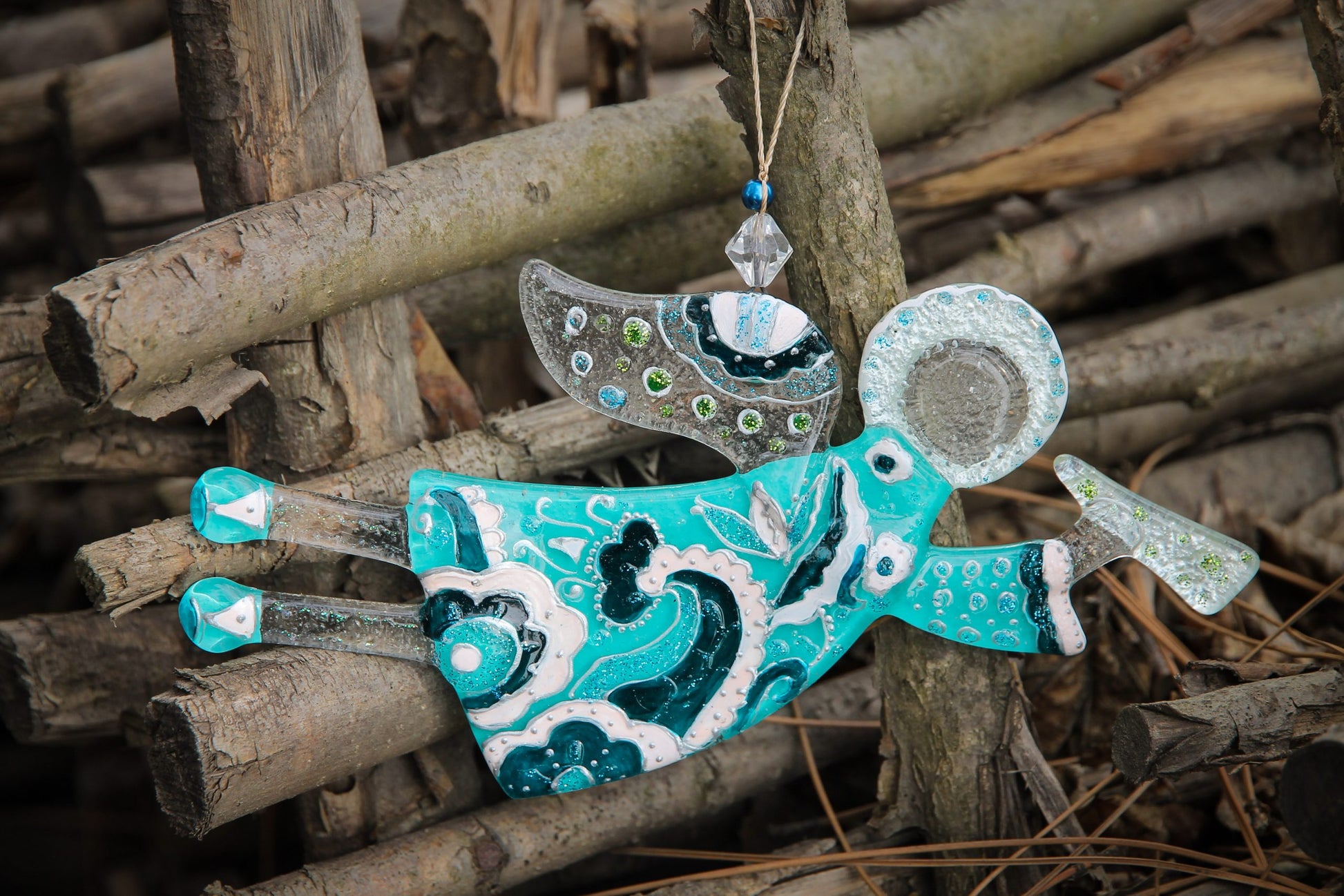 Flying Guardian Angel Glass Wall Art in Mint & Clear - Handmade Fused-Glass Decor with Vibrant Colors and Intricate Patterns