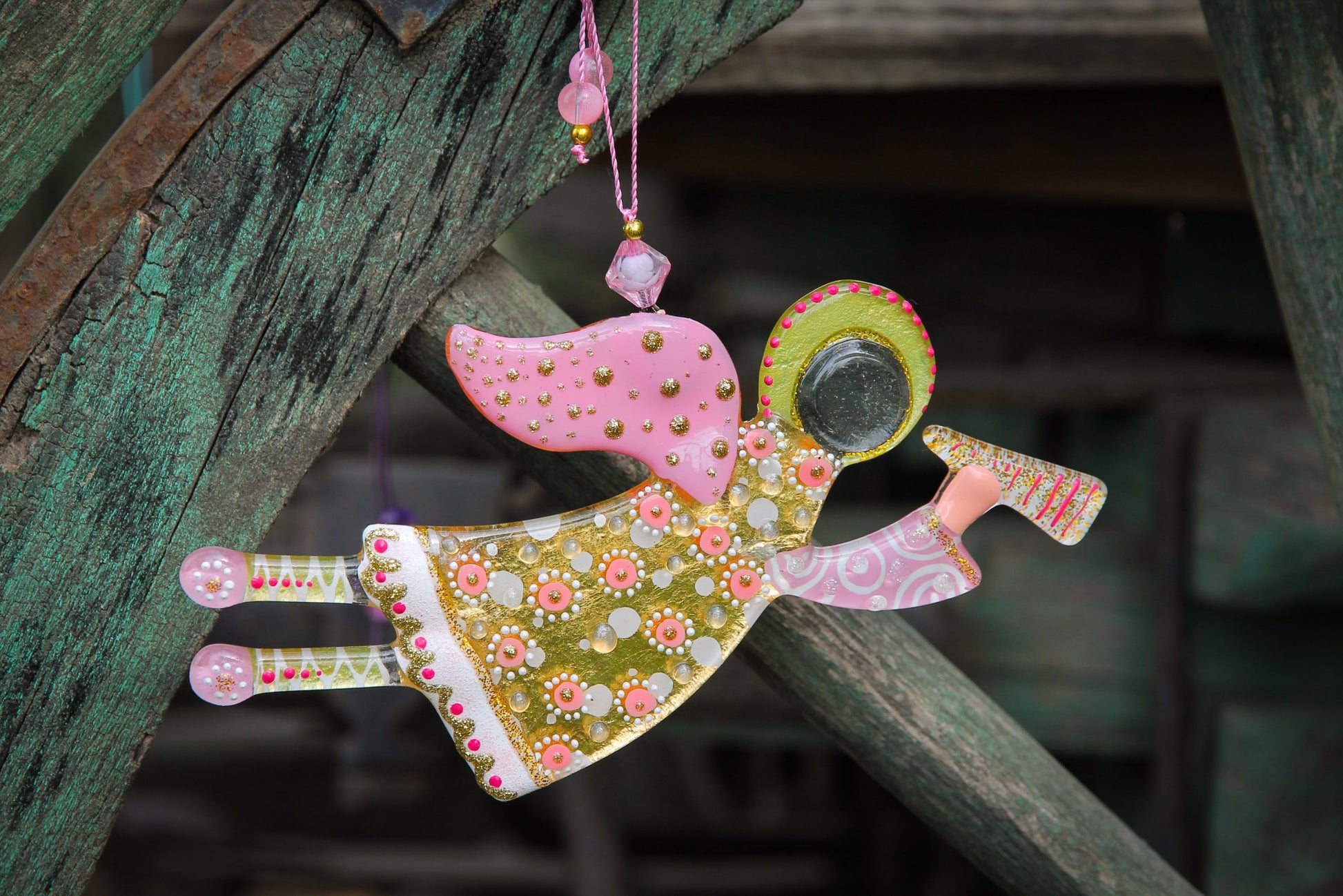 Flying Guardian Angel Glass Wall Art Suncatcher, Clear, Gold & Pink - Handmade Fused-Glass Decor with Vibrant Colors and Intricate Patterns