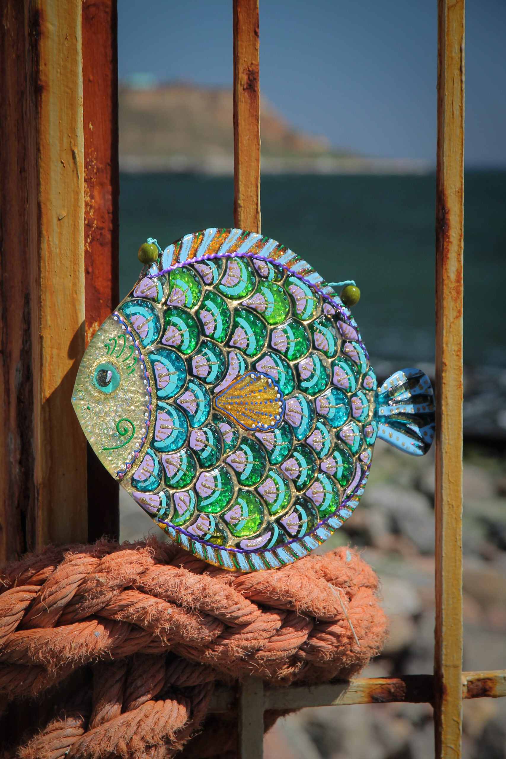 Big Fish - A Symbol of Happiness Glass Artwork - Hand-Painted Fused-Glass Decor with Captivating Patterns and Vibrant Colors, Purple