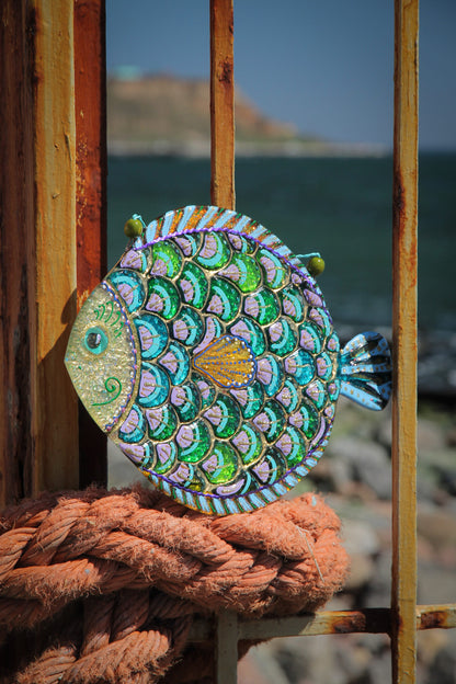 Big Fish - A Symbol of Happiness Glass Artwork - Hand-Painted Fused-Glass Decor with Captivating Patterns and Vibrant Colors, Purple