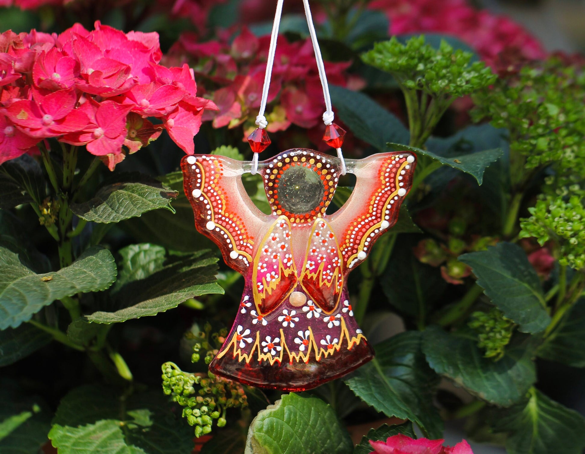 Guardian Angel Glass Wall Art in Orange & Purple - Handmade Fused-Glass Decor with Vibrant Colors and Intricate Patterns