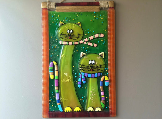 Cats on a Walk Glass Panel Wall Art - Hand-Painted Fused-Glass Panel with Emotive Feline Friends, Green, 40 cm