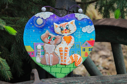 Cats in Love Under the Night Sky Glass Artwork - Hand-Painted Fused-Glass Decor with Charming Cats, Starlit Night, and Enchanting Patterns