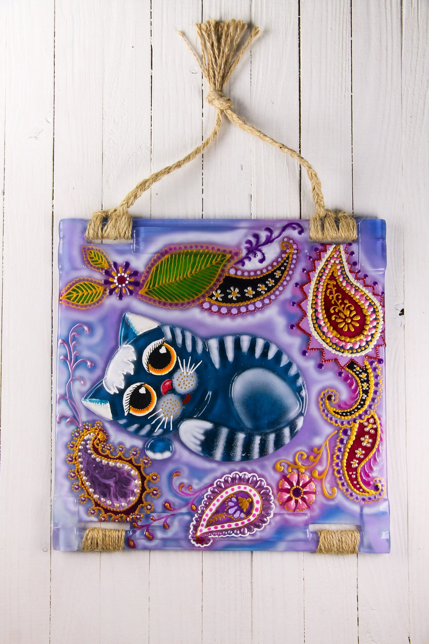 Heavenly Kitten Glass Panel Wall Art - Hand-Painted Fused-Glass Panel with Vibrant Colors and Whimsical Patterns, 26 cm