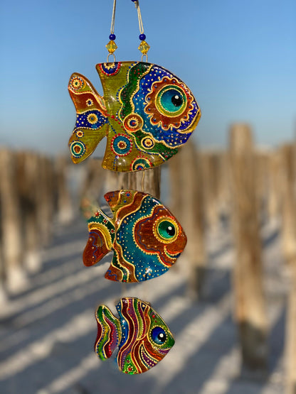 Trio of Glass Fish Glass Artwork - Hand-Painted Fused-Glass Decor with Captivating Patterns and Lively Colors, Green