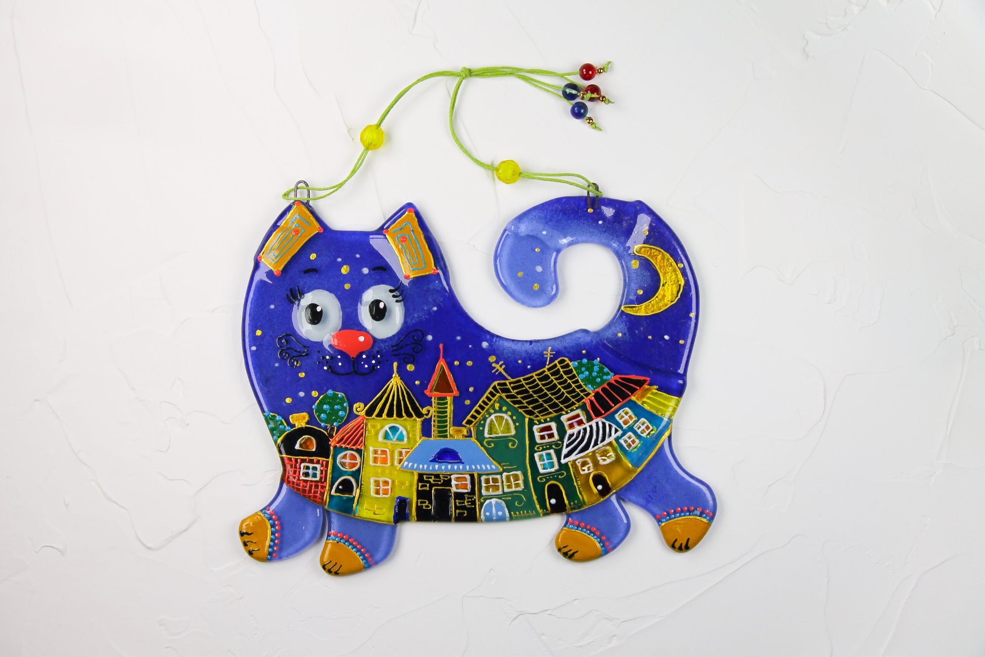 Starry Night Cat Big Glass Artwork - Handcrafted and Hand-Painted Home Decor with Celestial Blue Cat and Golden Constellations | Wholesale