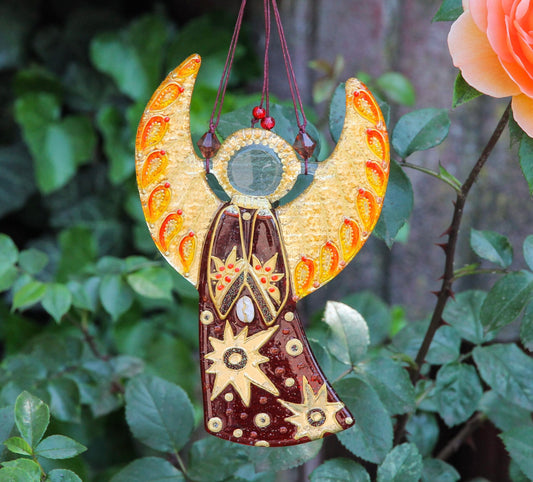 Guardian Angel Glass Wall Art in Red & Gold - Handmade Fused-Glass Decor with Vibrant Colors and Intricate Patterns