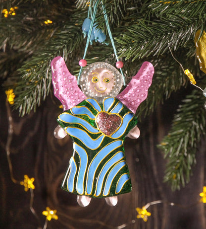 Guardian Angel of Love with Red Heart Glass Wall Art in Green & Blue - Handmade Fused-Glass Decor with Intricate Patterns