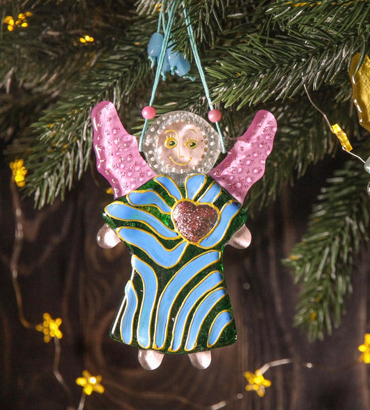 Guardian Angel of Love with Red Heart Glass Wall Art in Green & Blue - Handmade Fused-Glass Decor with Intricate Patterns