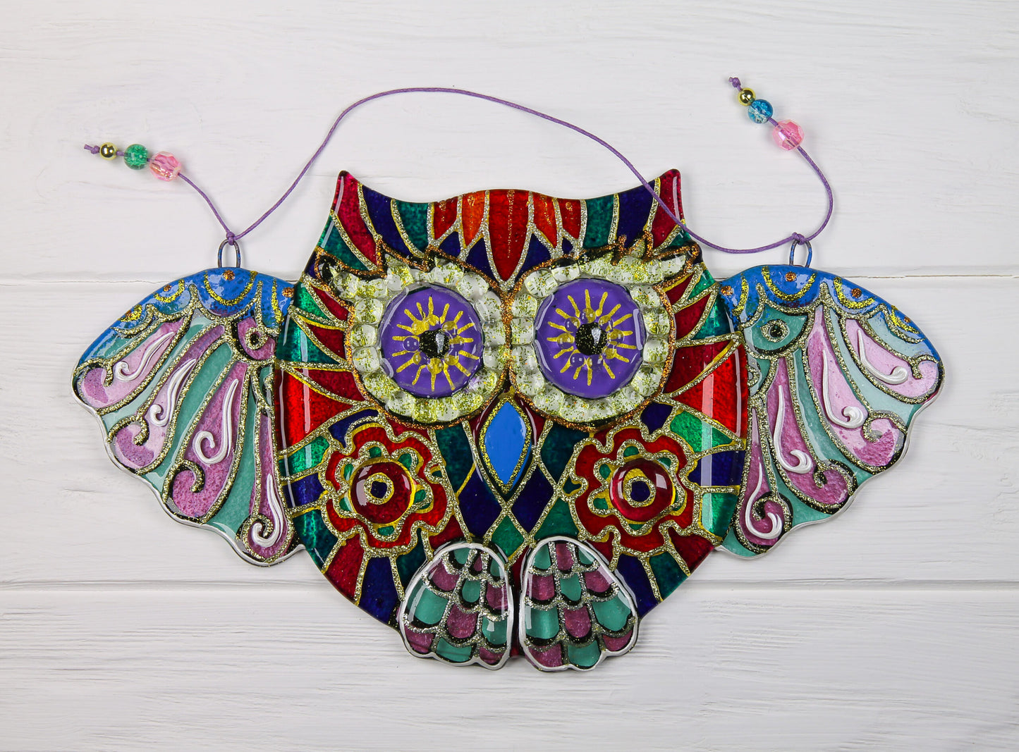 Big Owl Talisman with Mosaic Patterns Glass Artwork - Hand-Painted Fused-Glass Decor with Wise Owl, Mosaic Patterns, and Nature's Wisdom