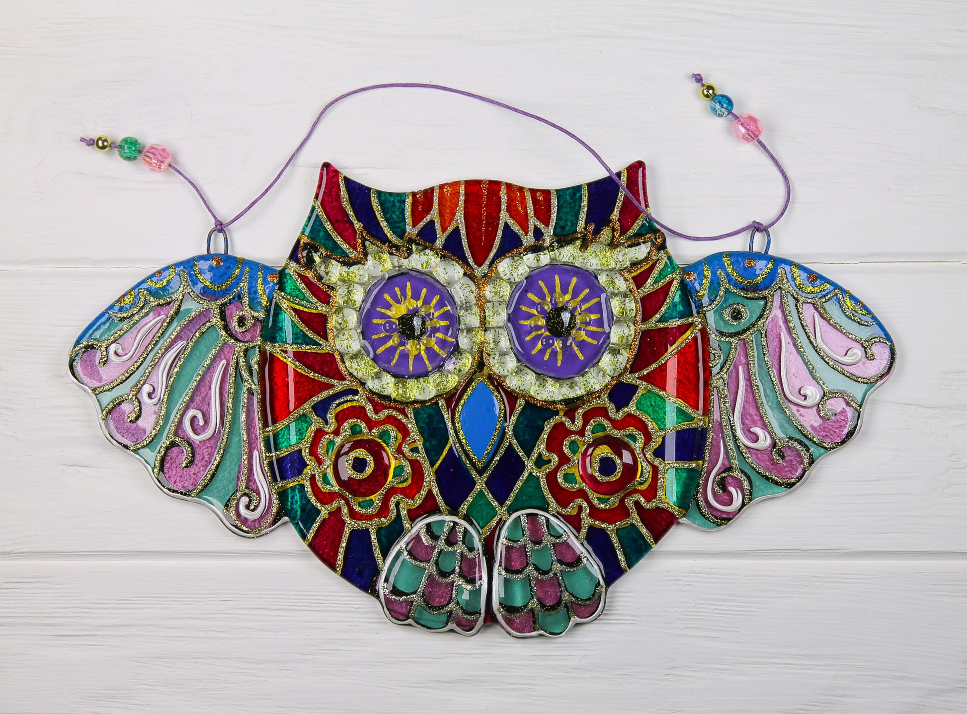 Big Owl Talisman with Mosaic Patterns Glass Artwork - Hand-Painted Fused-Glass Decor with Wise Owl, Mosaic Patterns, and Nature's Wisdom