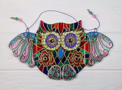 Big Owl Talisman with Mosaic Patterns Glass Artwork - Hand-Painted Fused-Glass Decor with Wise Owl, Mosaic Patterns, and Nature's Wisdom