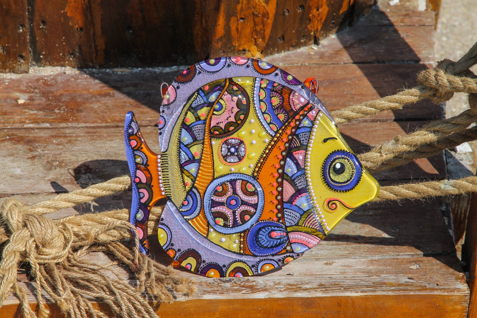 Big Fish - A Symbol of Happiness Glass Artwork - Hand-Painted Fused-Glass Decor with Captivating Patterns and Vibrant Colors, Yellow
