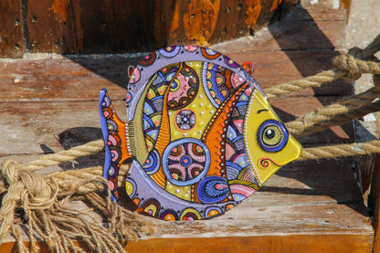 Big Fish - A Symbol of Happiness Glass Artwork - Hand-Painted Fused-Glass Decor with Captivating Patterns and Vibrant Colors, Yellow