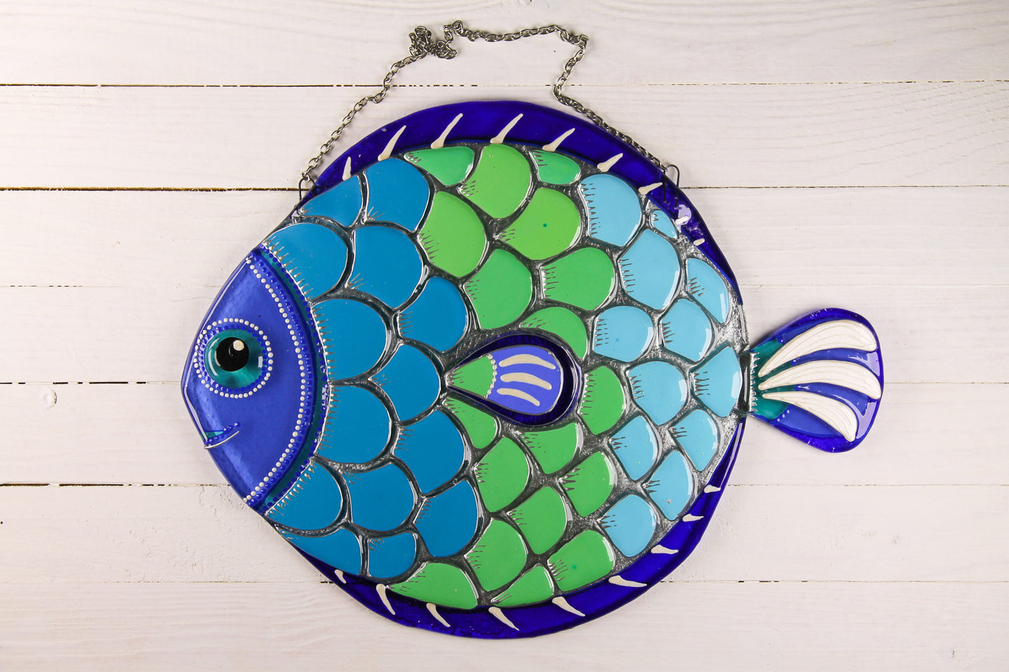 Big Fish - A Symbol of Happiness Glass Artwork - Hand-Painted Fused-Glass Decor with Captivating Patterns and Vibrant Colors, Blue