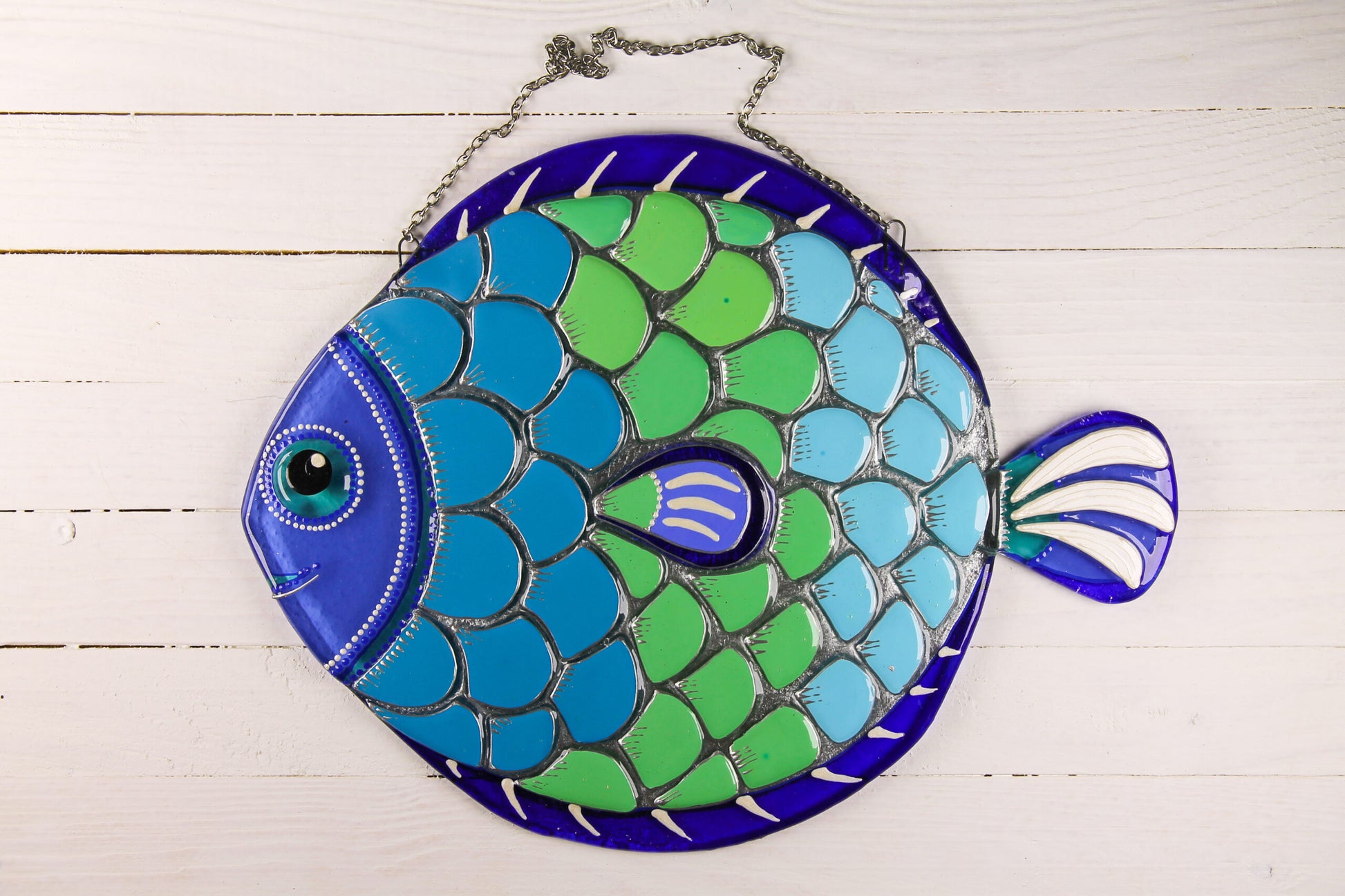 Big Fish - A Symbol of Happiness Glass Artwork - Hand-Painted Fused-Glass Decor with Captivating Patterns and Vibrant Colors, Blue