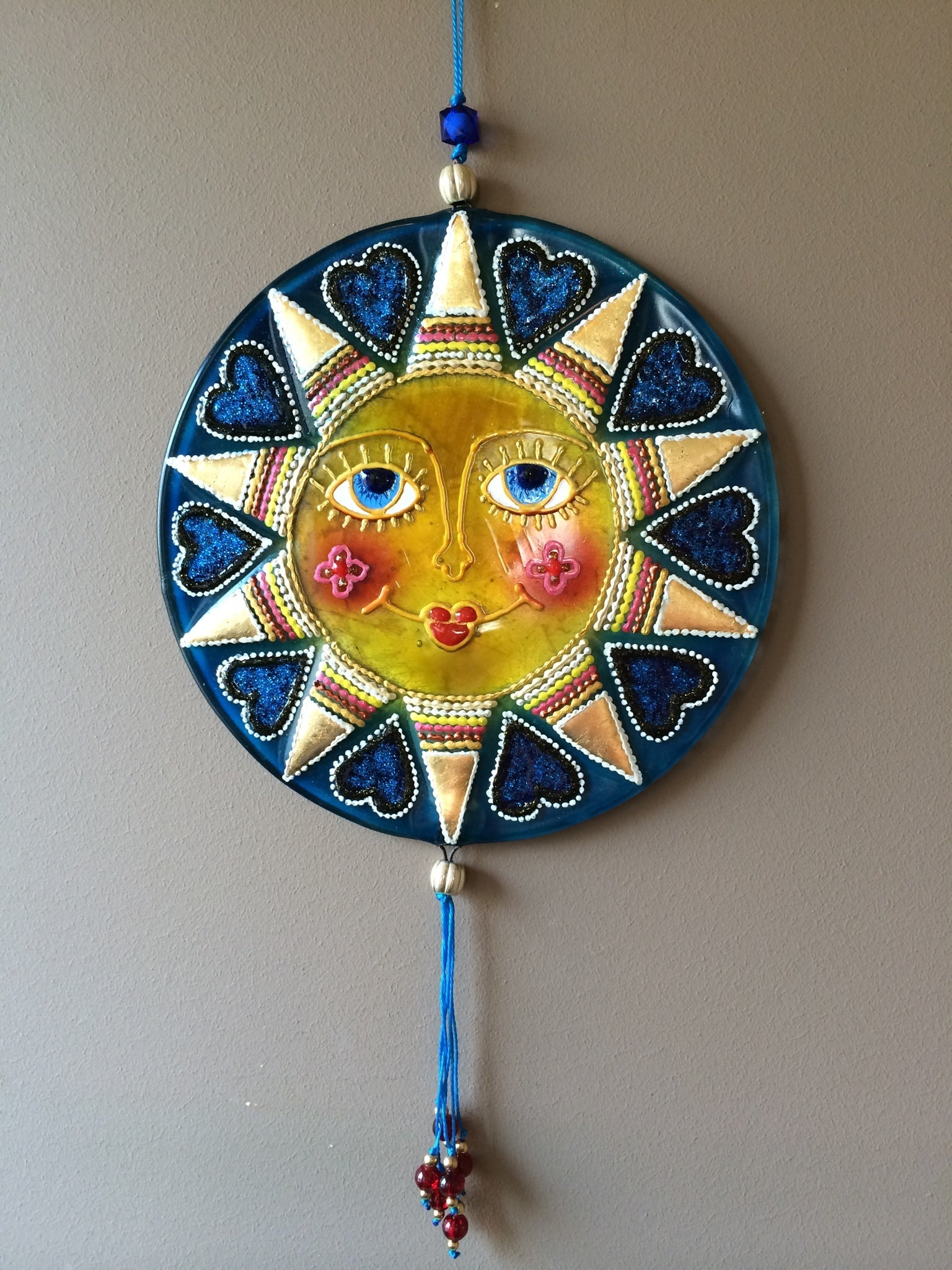 Big Sun Symbol Talisman Glass Artwork - Hand-Painted Fused-Glass Decor with Vibrant Colors and Intricate Patterns, Blue