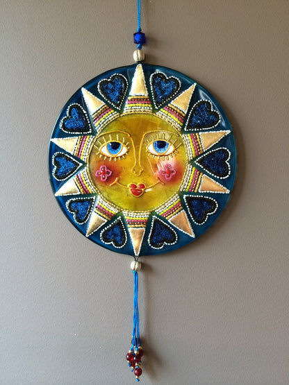 Big Sun Symbol Talisman Glass Artwork - Hand-Painted Fused-Glass Decor with Vibrant Colors and Intricate Patterns, Blue