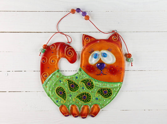 Hand-painted heartwarming cat glass artwork with vibrant patterns
