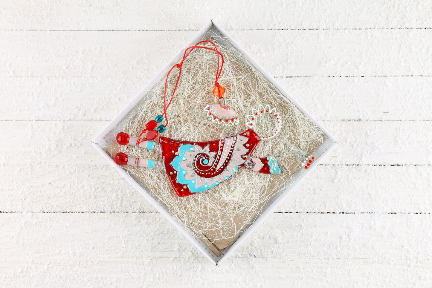 Flying Guardian Angel Glass Wall Art in Suncatcher, Red & Mint - Handmade Fused-Glass Decor with Vibrant Colors and Intricate Patterns