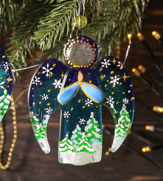 Guardian Angel Glass Wall Art in Blue & Green - Handmade Fused-Glass Decor with Vibrant Colors and Intricate Patterns