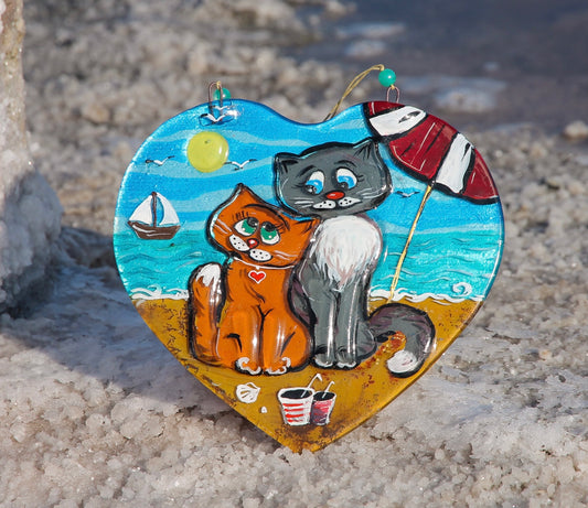 Cats in Love Beachscape Glass Artwork - Hand-Painted Decor with Romantic Cats, Seaside Charm, and Coastal Patterns