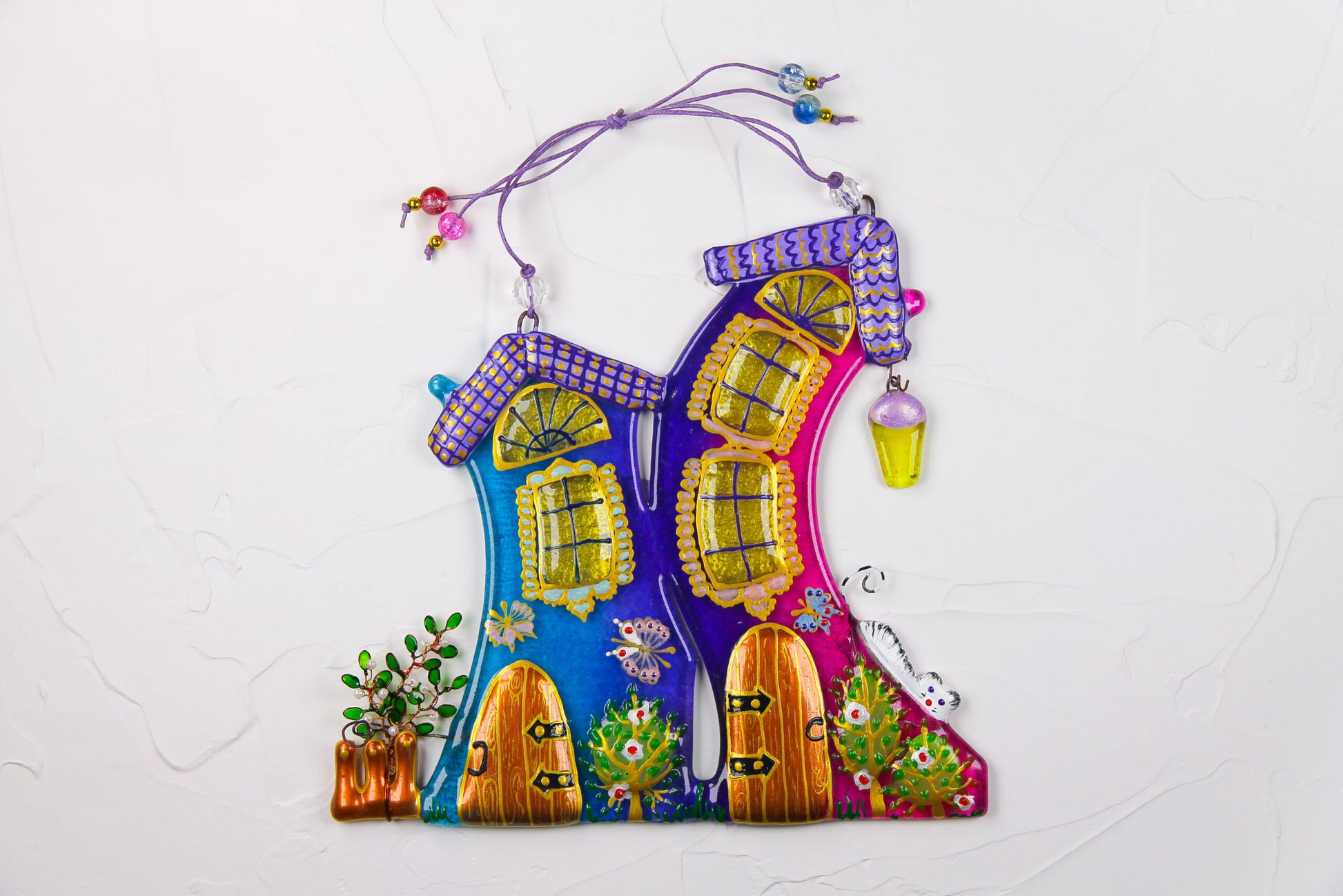 Lovely Houses Symbol of Family Unity Glass Artwork - Hand-Painted Fused-Glass Decor with Vibrant Colors and Intricate Patterns, Blue