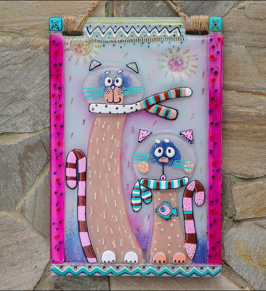 Cats on a Walk Glass Panel Wall Art - Hand-Painted Fused-Glass Panel with Whimsical Feline Friends in Scarves, 40 cm