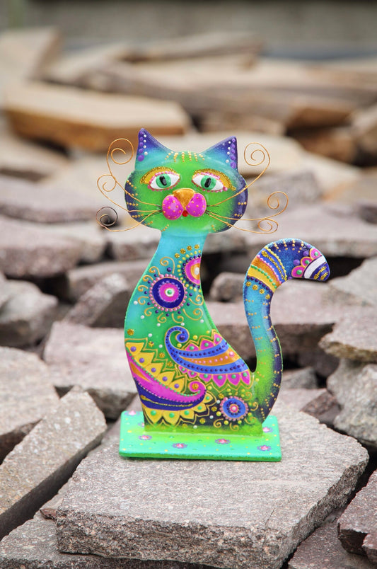 Loving Cat on the Stand Big Glass Artwork - Hand-Painted Fused-Glass Decor with Delightful Cat Perched, 25 cm Green