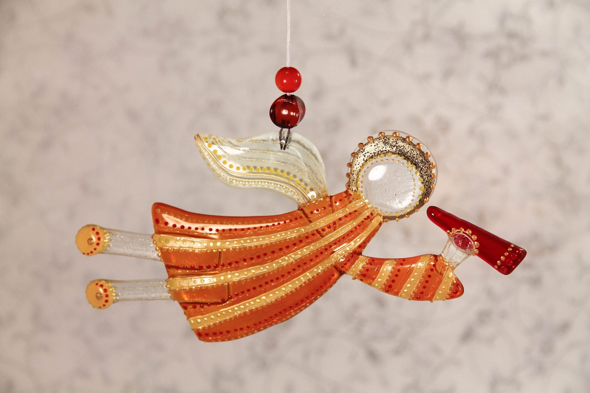 Flying Guardian Angel Glass Wall Art Suncatcher, Orange & Yellow Strips - Handmade Fused-Glass Decor with Vibrant Colors and Intricate Patterns