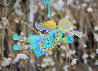 Flying Guardian Angel Glass Wall Art in Mint & Yellow - Handmade Fused-Glass Decor with Vibrant Colors and Intricate Patterns