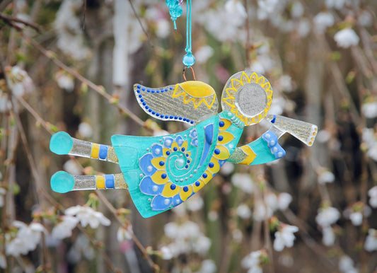 Flying Guardian Angel Glass Wall Art in Mint & Yellow - Handmade Fused-Glass Decor with Vibrant Colors and Intricate Patterns