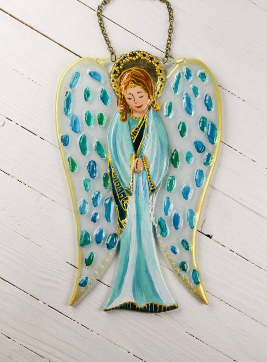 Big Guardian AngelGlass Wall Art in Clear & Blue - Handmade Fused-Glass Decor with Vibrant Colors and Intricate Patterns