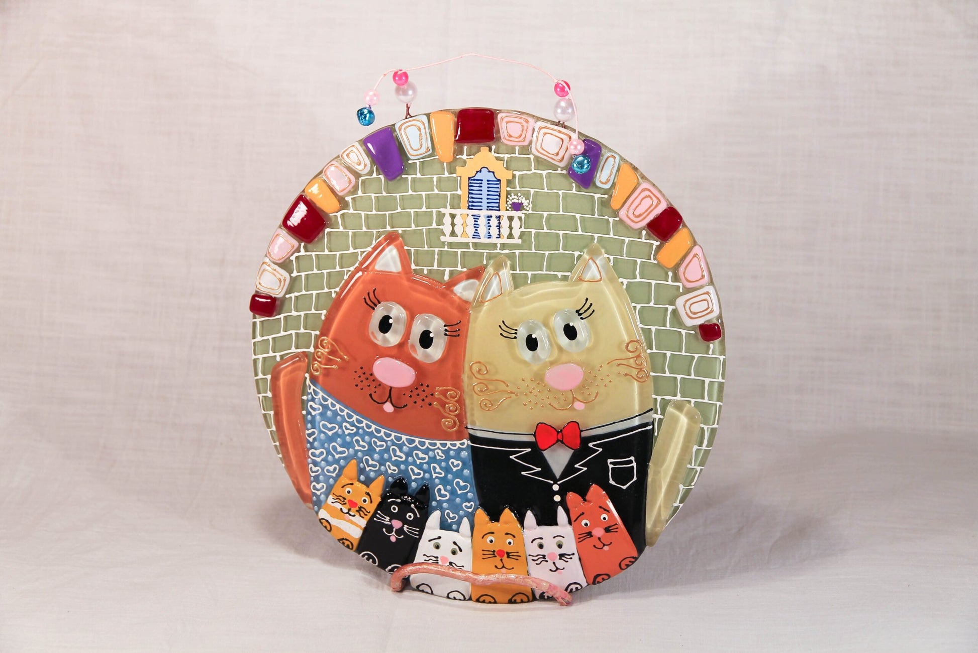 Couple of Cats with Kittens Glass Panel Wall Art - Hand-Painted Fused-Glass Panel, 25 cm