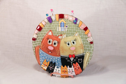 Couple of Cats with Kittens Glass Panel Wall Art - Hand-Painted Fused-Glass Panel, 25 cm