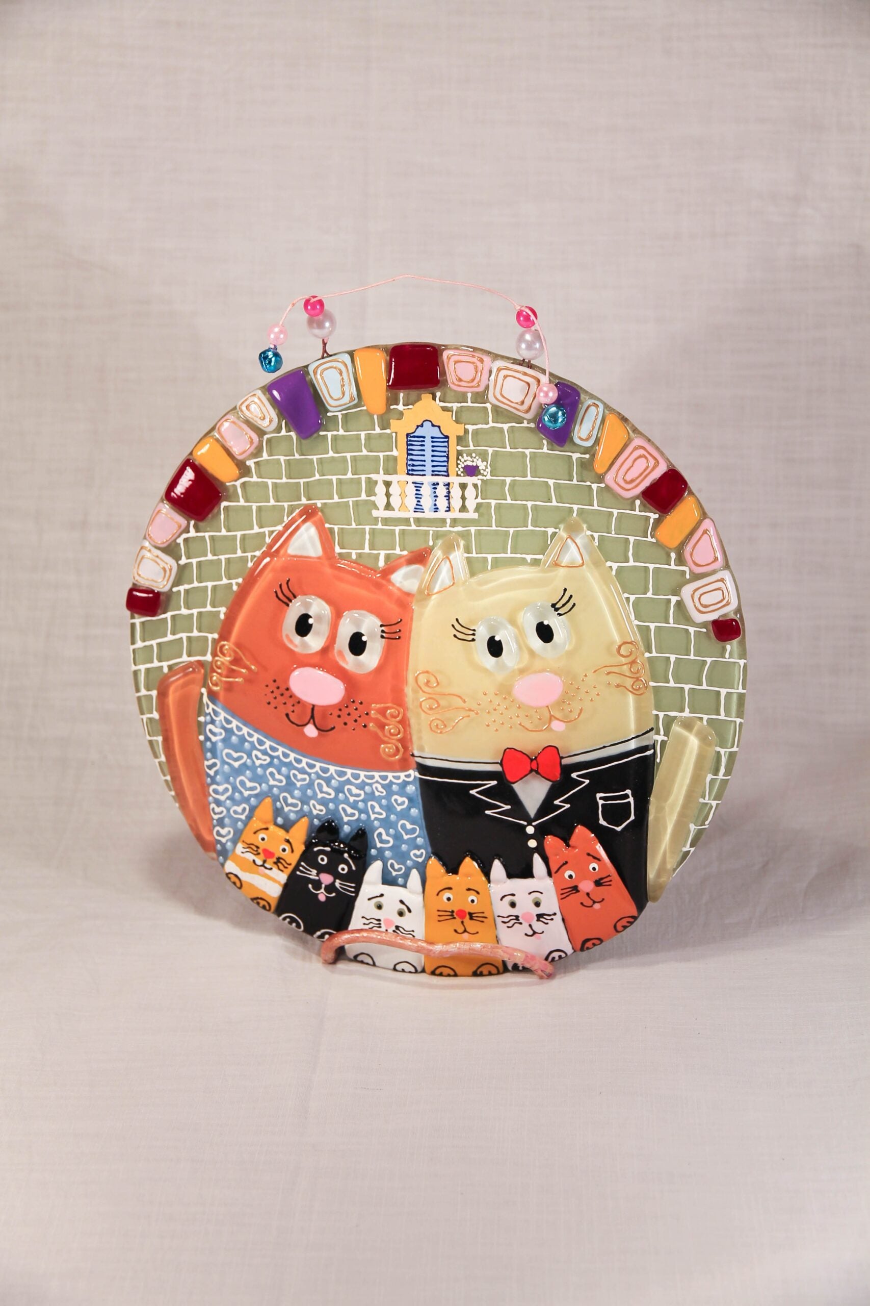 Couple of Cats with Kittens Glass Panel Wall Art - Hand-Painted Fused-Glass Panel, 25 cm