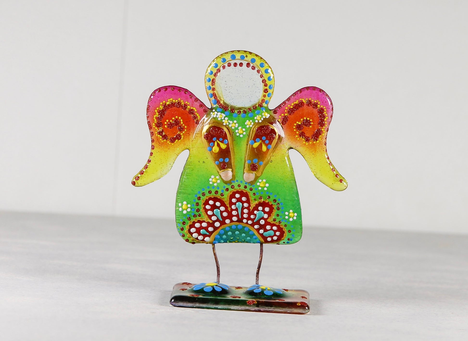 Guardian Angel on a Stand Glass Wall Art - Handmade, Personalized Gift, Green & Yellow