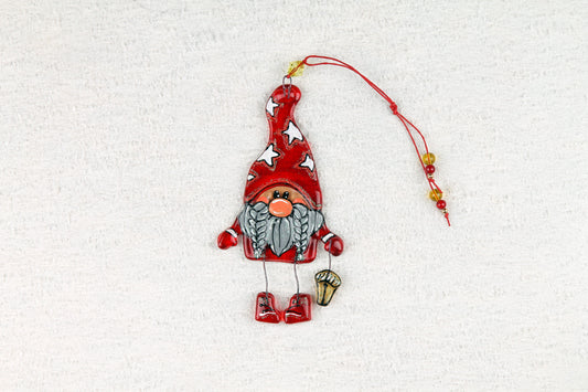 Red Gnome Glass Wall Art Hanging - Handmade Personalized Gift with Lantern, 13 cm.
