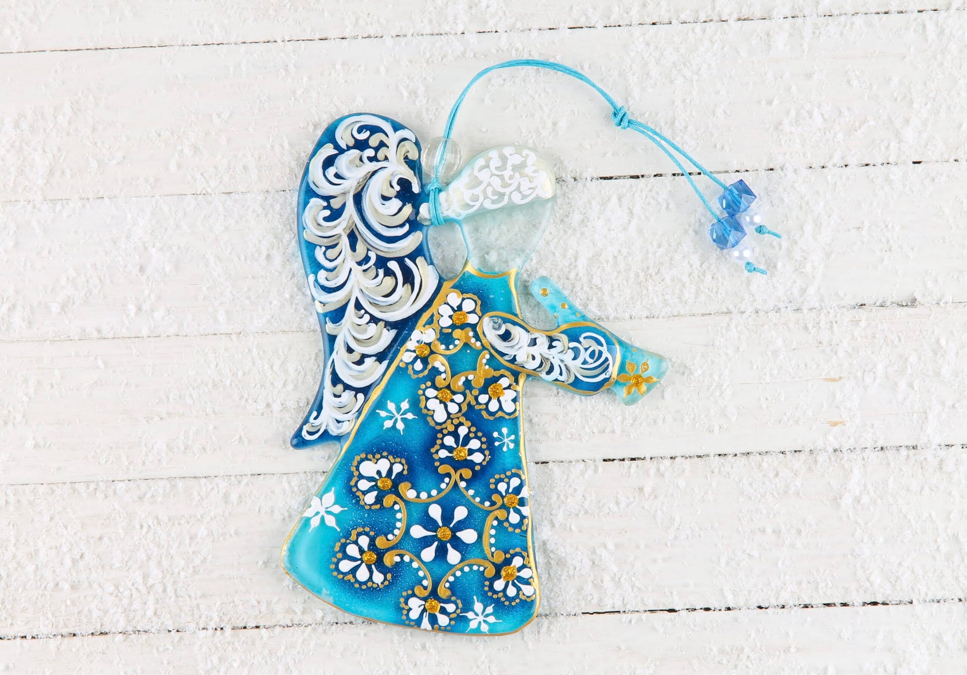 Guardian Angel Glass Wall Art in Blue & White - Handmade Fused-Glass Decor with Vibrant Colors and Intricate Patterns