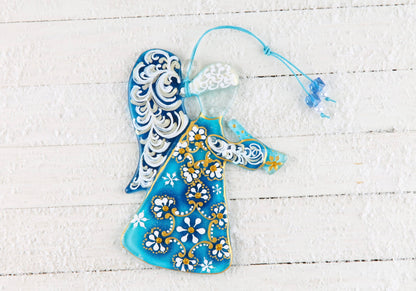 Guardian Angel Glass Wall Art in Blue & White - Handmade Fused-Glass Decor with Vibrant Colors and Intricate Patterns
