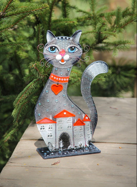 Loving Cat on the Stand Big Glass Artwork - Hand-Painted Fused-Glass Decor with Delightful Cat Perched, 25 cm Grey