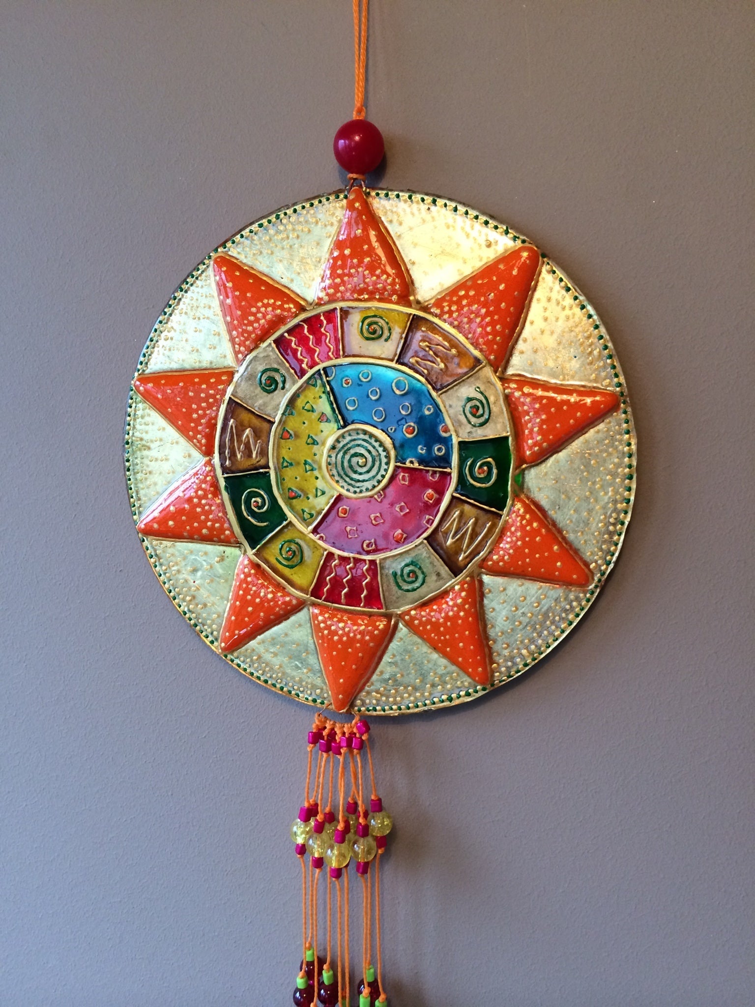 Big Mandala Glass Artwork - Hand-Painted Fused-Glass Decor with Vibrant Colors and Intricate Patterns, Orange