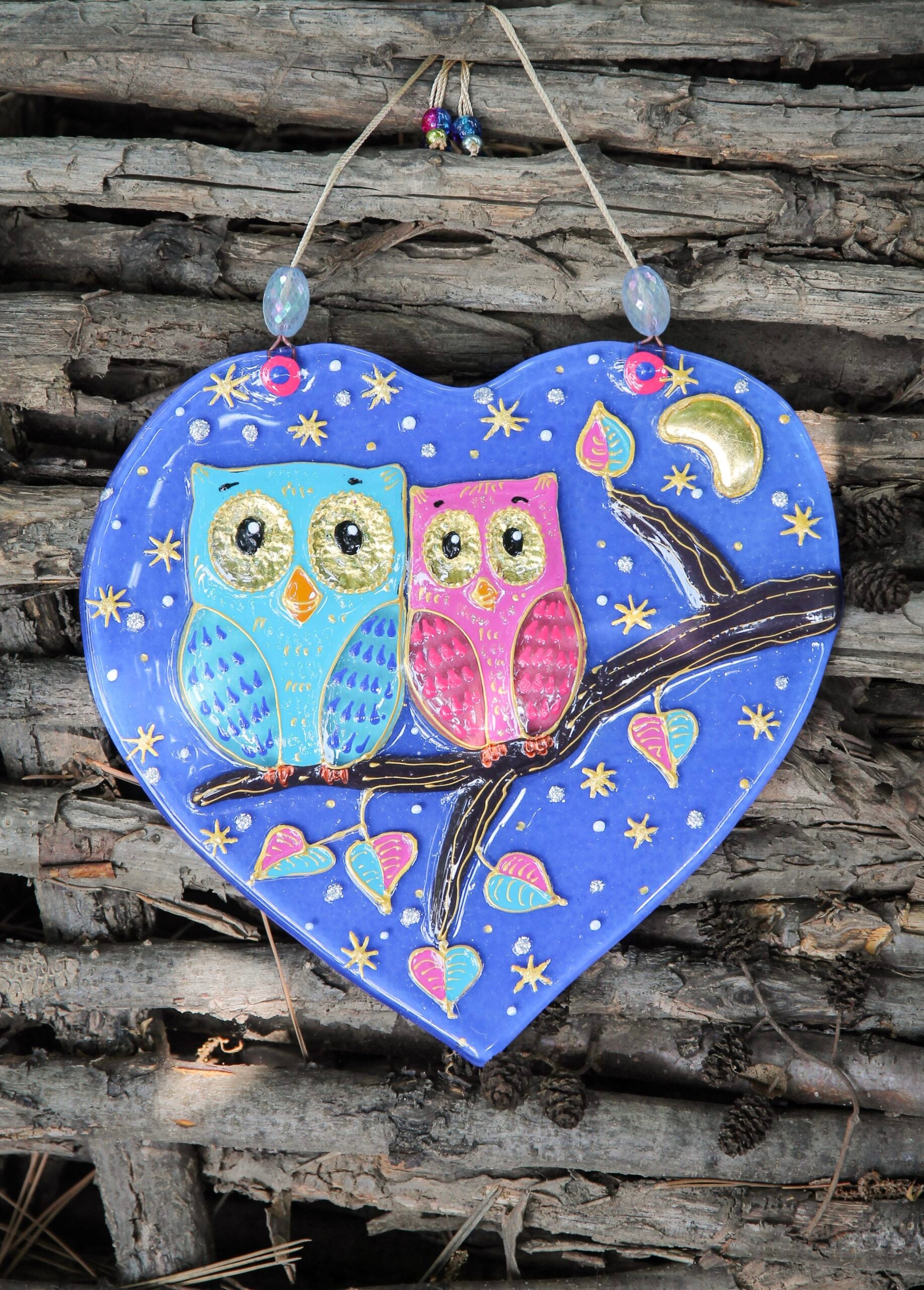 Starry Night Owls in Love Glass Artwork - Hand-Painted Fused-Glass Decor with Charming Owls, Starlit Night, and Celestial Patterns