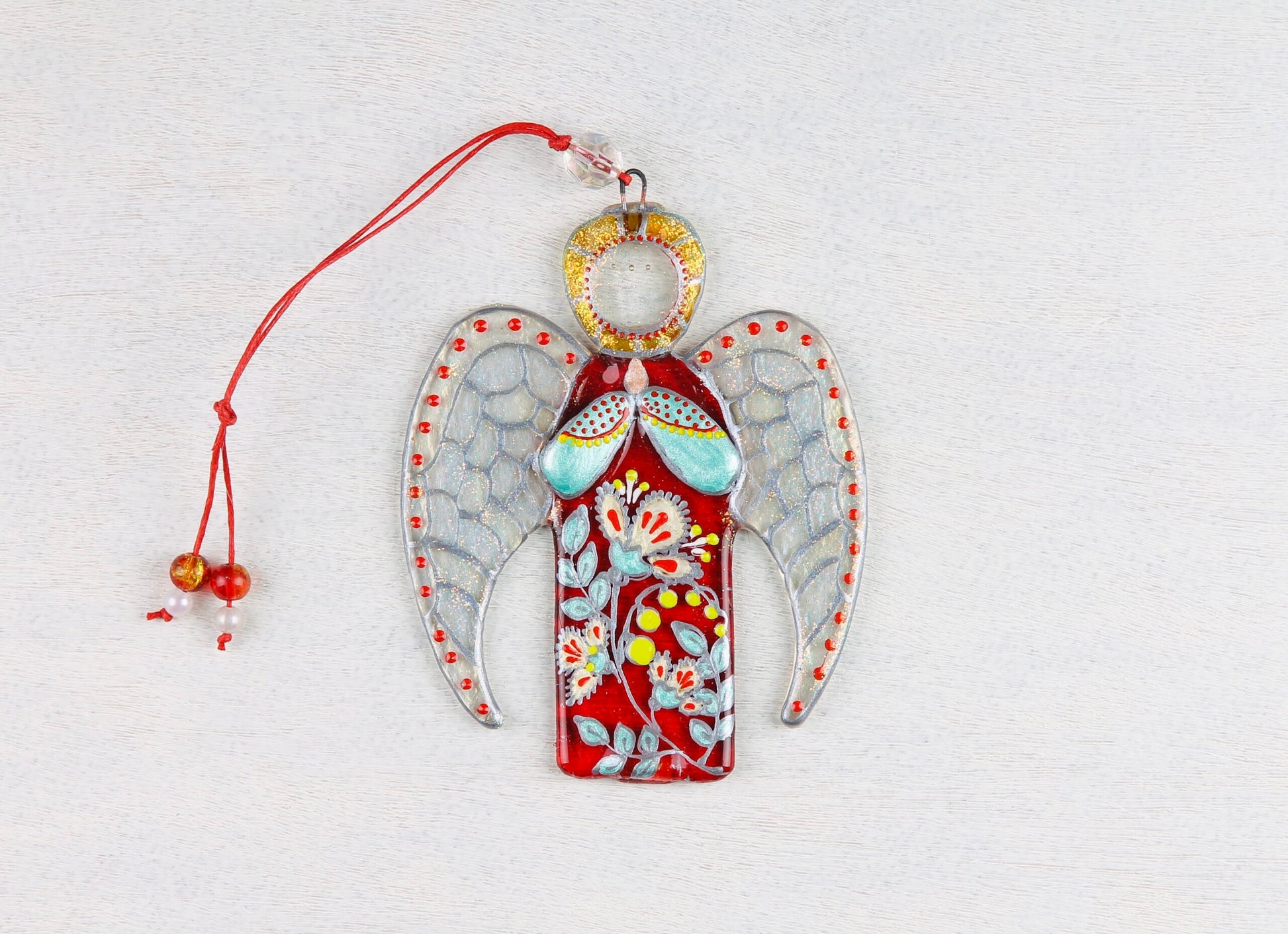 Guardian Angel Glass Wall Art in Red & Silver - Handmade Fused-Glass Decor with Vibrant Colors and Intricate Patterns