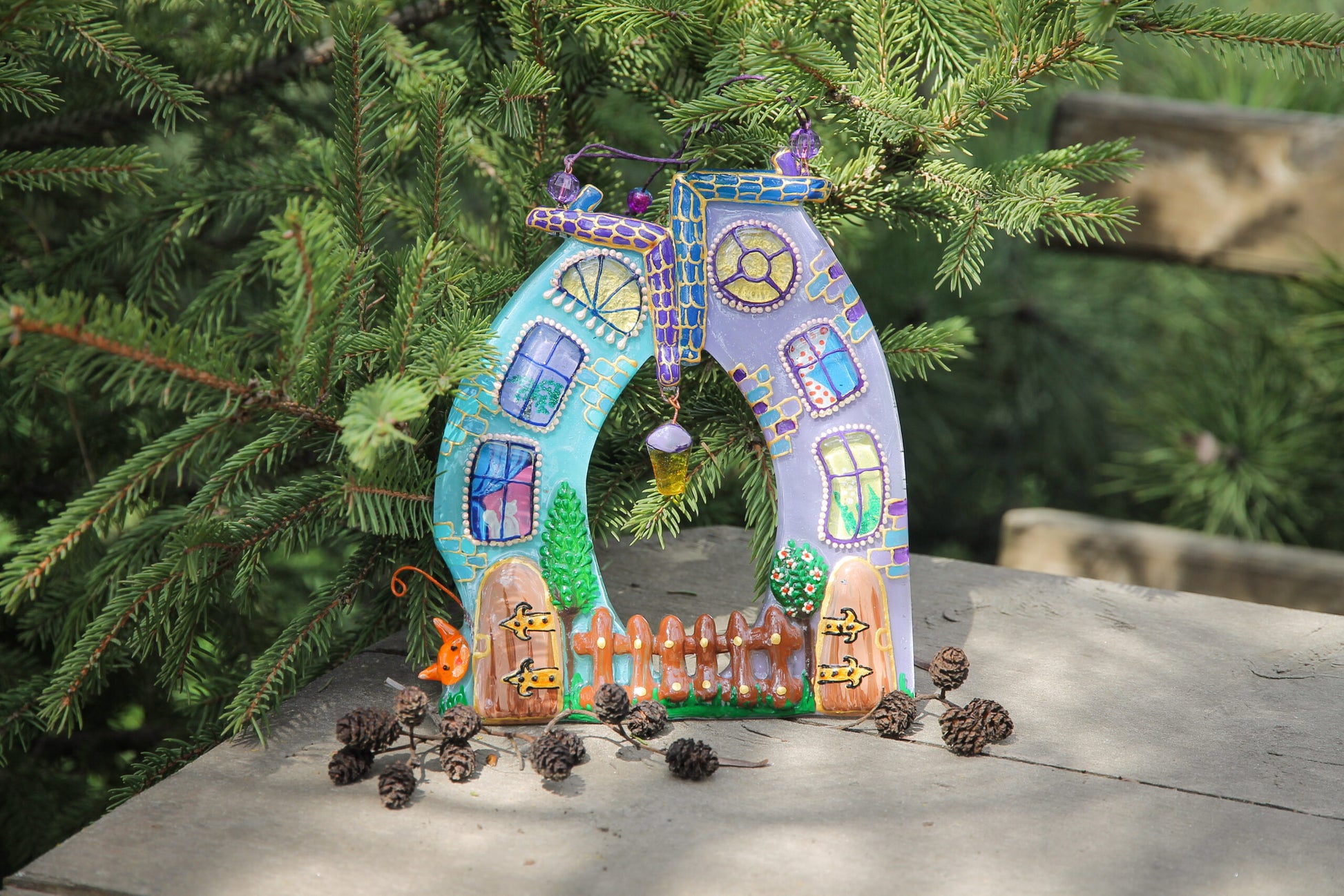 Colorful Houses - A Symbol of Family Unity Radiant with the Lantern of Love Glass Artwork - Hand-Painted Fused-Glass Decor with Vibrant Colors and Intricate Patterns, Purple