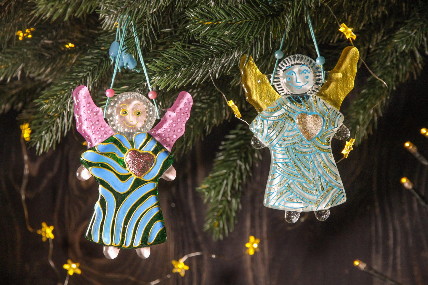 Guardian Angel of Love with Red Heart Glass Wall Art in White & Gold - Handmade Fused-Glass Decor with Vibrant Colors and Intricate Patterns