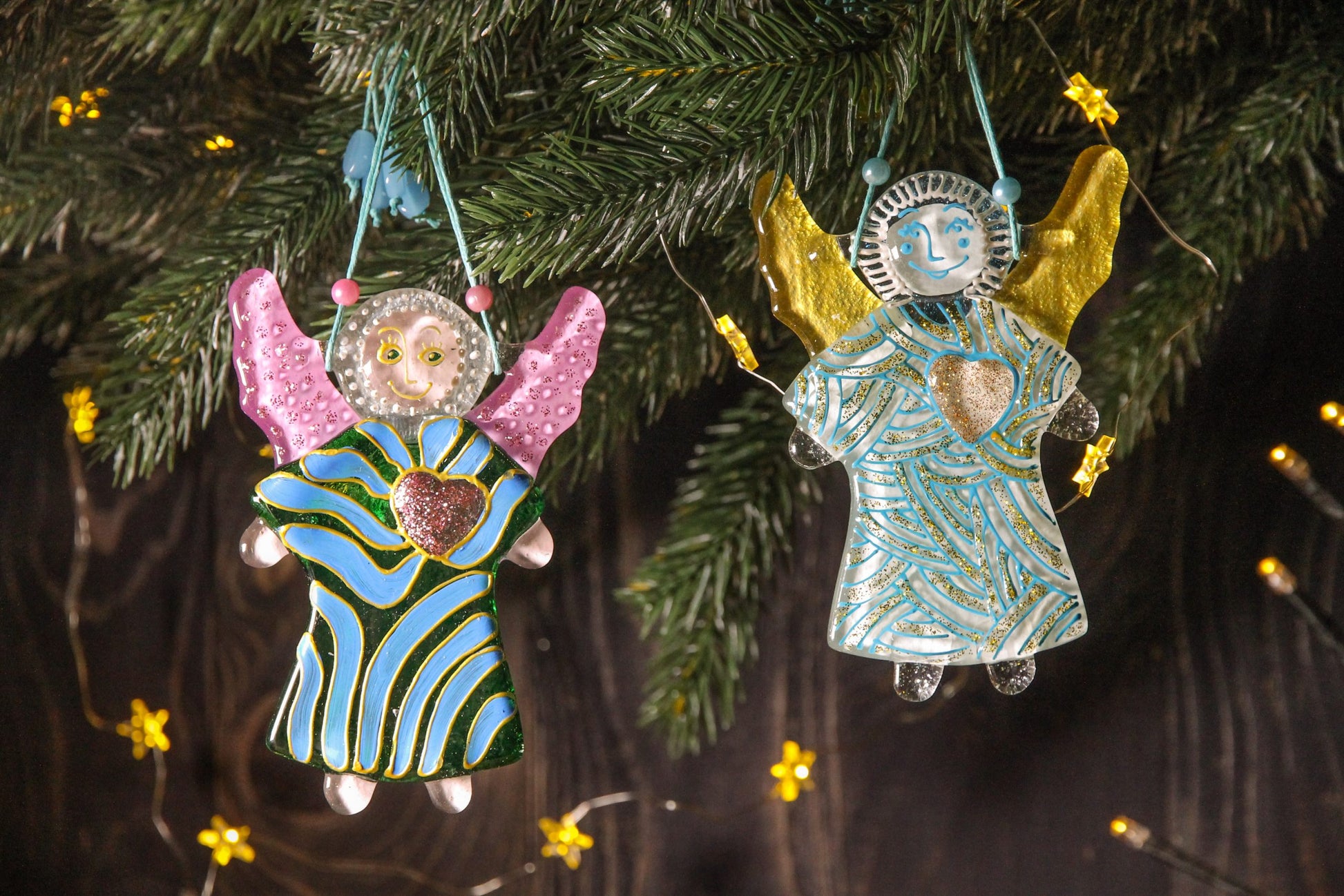 Guardian Angel of Love with Red Heart Glass Wall Art in White & Gold - Handmade Fused-Glass Decor with Vibrant Colors and Intricate Patterns