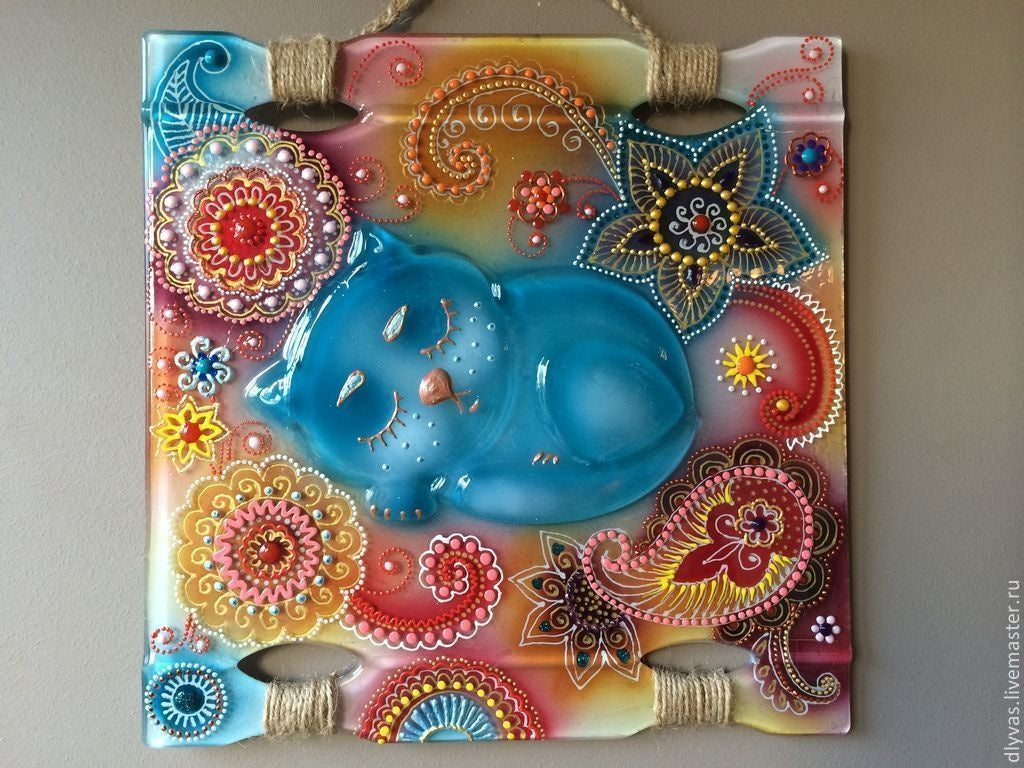 Heavenly Kitten Glass Artwork Panel Handcrafted Decoration, Blue, 26 cm